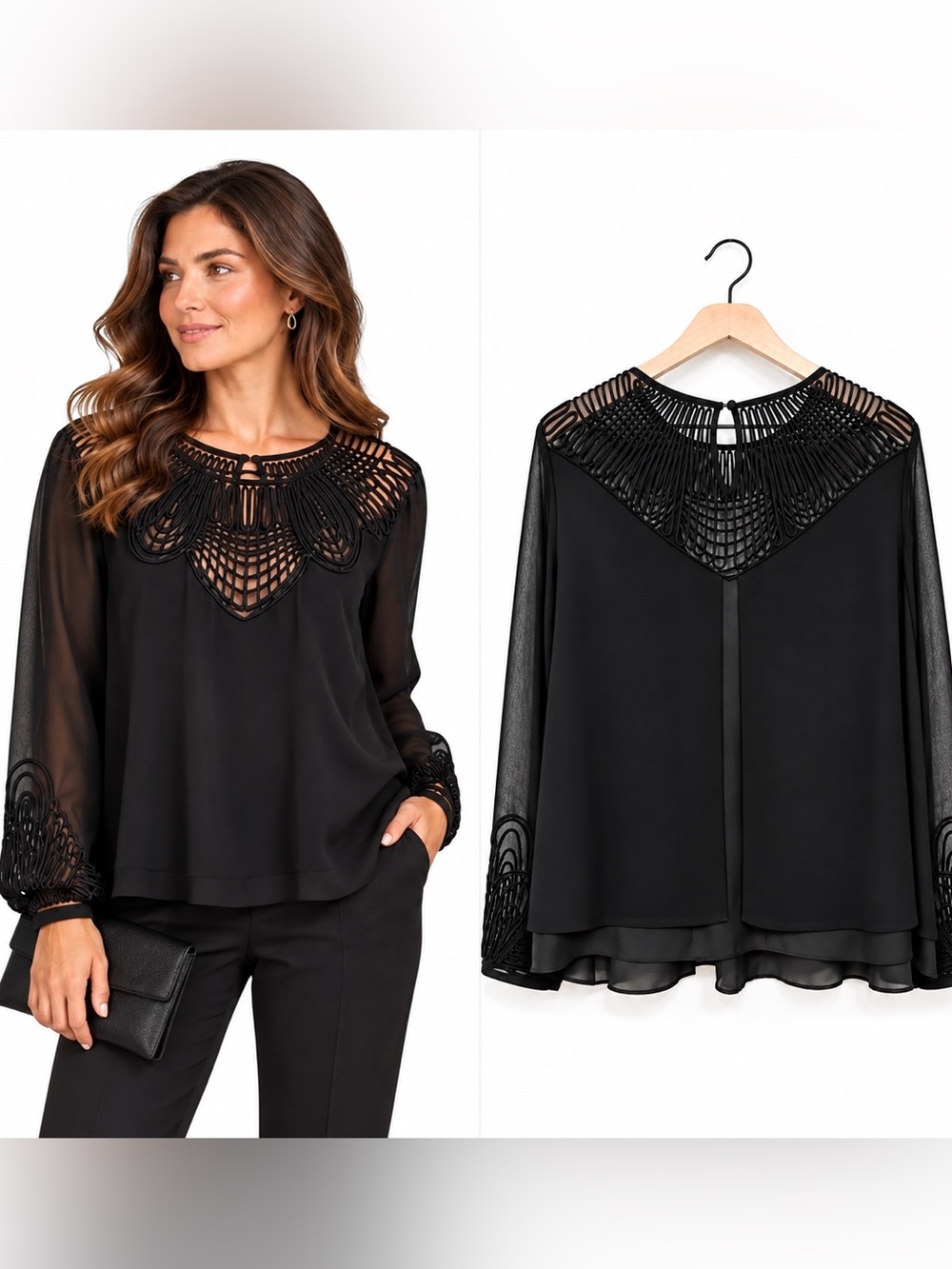 Mint Velvet Black Sheer Chiffon Flowy Feminine Embroidered Neckline Sz L 14